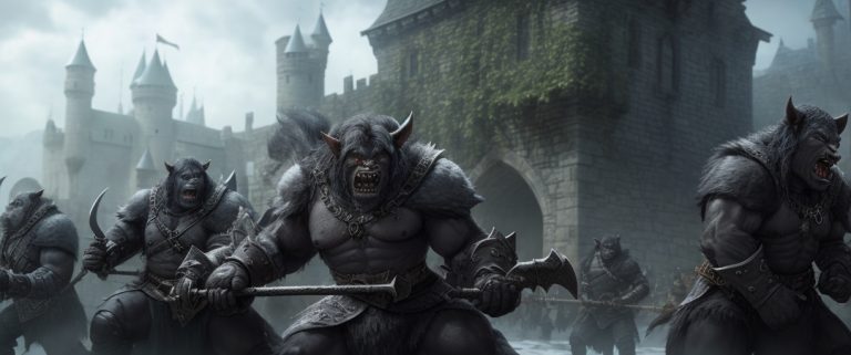 a band of black furred orcs are attacking a castle